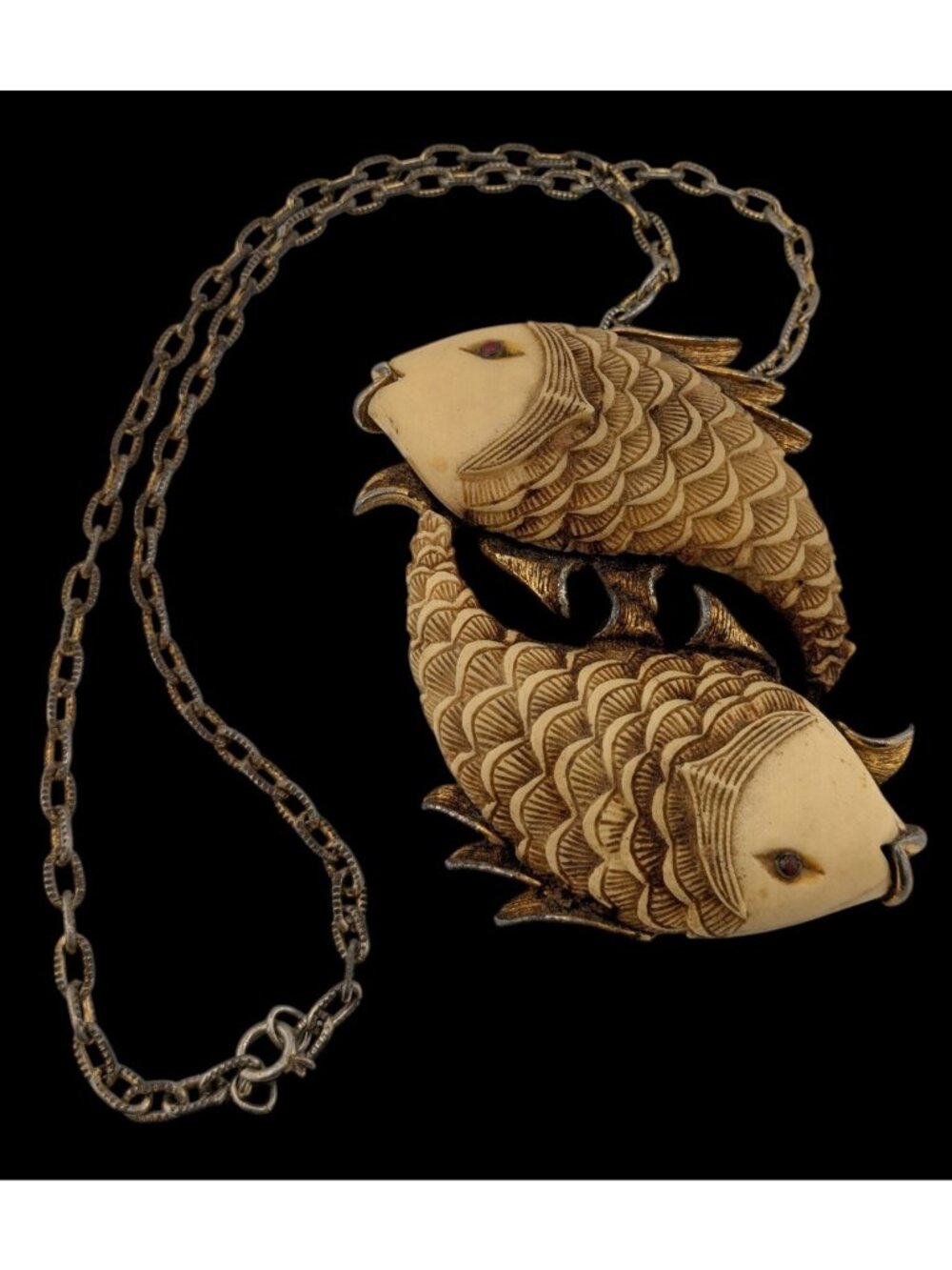Vintage 1970s Luca Razza Pisces Fish Pendant Necklace 19" Chain 3.5" Cream & Gol